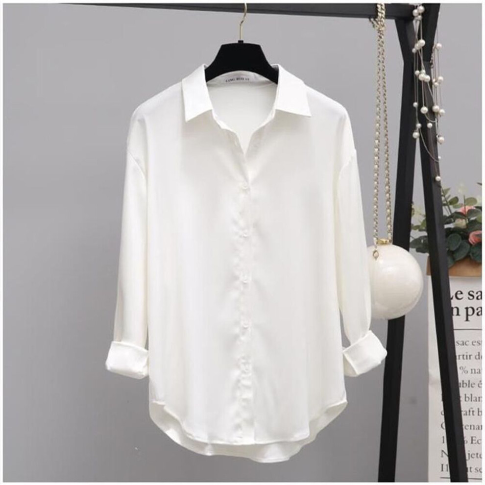 (M, white) Spring Autumn Lapel Blouses Solid White Black Loose Long Sleeve Shirt Women&apos;s Office Blouse Fashion Top