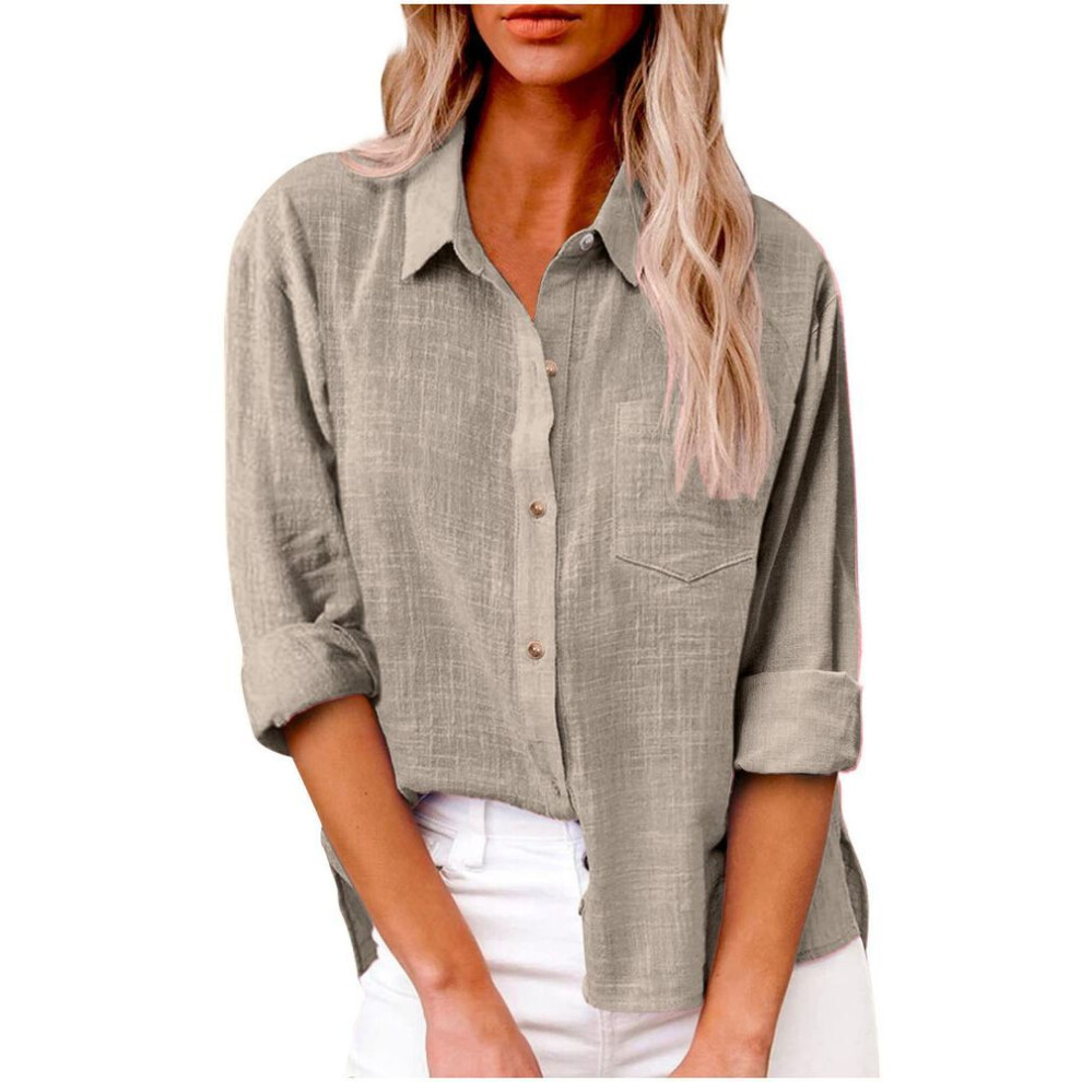 (XXL, khaki) Thin Fabric Spring Autumn Pocket Split Long Sleeve Blouse Women's Breathable Soft Top Plus Size Cotton Linen Shirt
