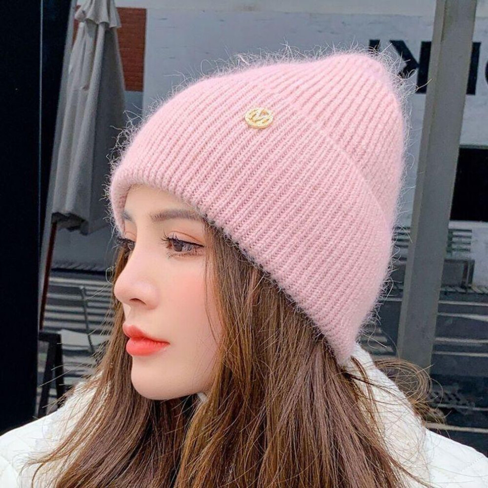 (pink, One Size) Rabbit Fur Solid Color Letter Woman Winter For Fluffy Autumn Beanies Best Matched Warm Soft Bonnet Gift Hat