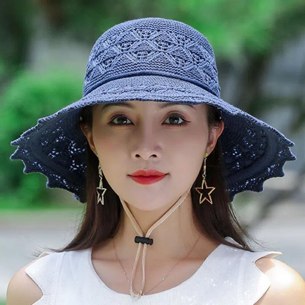 (navy blue, 56-59cm) Wtempo Summer Foldable Hats For Women Korean Large Brim Sun Protection Hats Vacation Travel Seaside Cool Hats