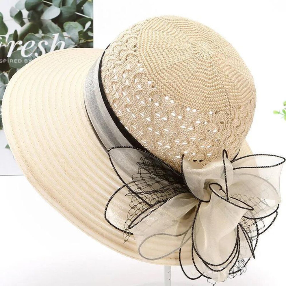 (beige, one size) Hat Wide Brim Organza Flowers Beach Hats For Women Elegant Personality Spring And Summer Sunhat