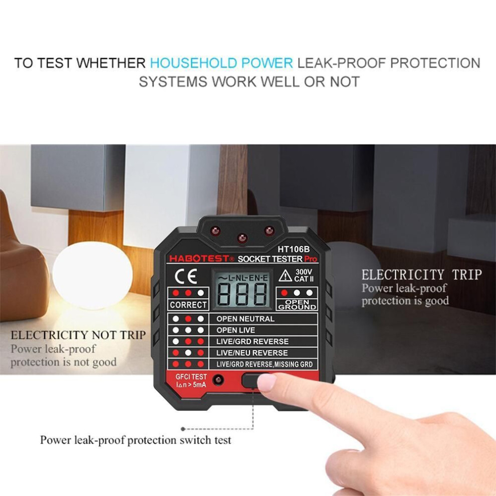 (US Plug) Habotest Advanced Rcd Electric Socket Tester Automatic Neutral Live Earth Wire Testing Circuit