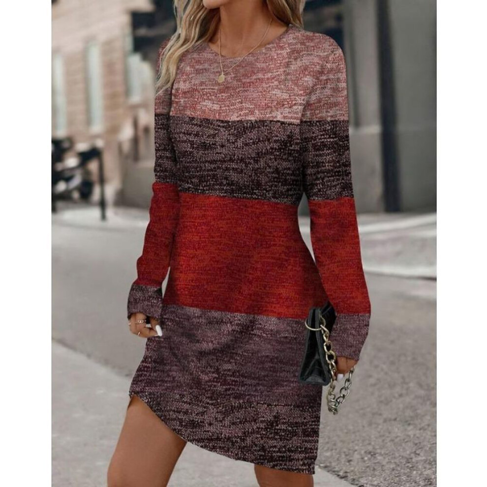(red, XXL) Spring and Autumn Women&apos;s Dress Knitted Round Neck Color Contrast Long Sleeve Casual Comfortable Dress