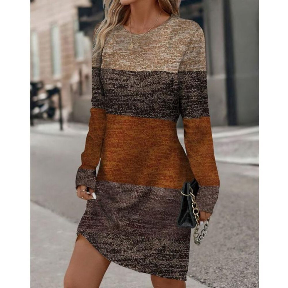 (brown, L) Spring and Autumn Women&apos;s Dress Knitted Round Neck Color Contrast Long Sleeve Casual Comfortable Dress