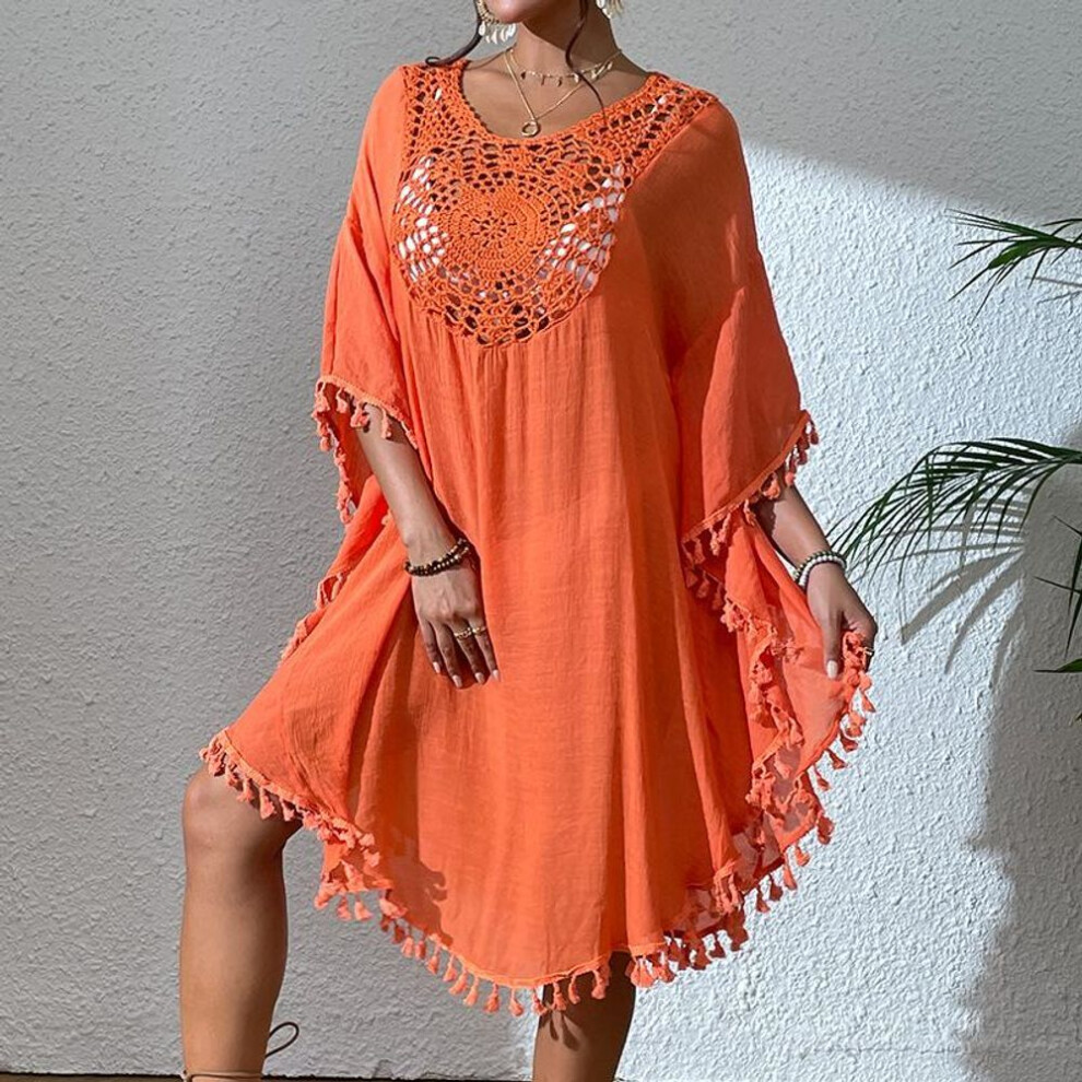 (One Size, orange) Women&apos;s Dress Beach Dresses Coverup Crochet Patchwork Fringe Swimwear Bikini Outer