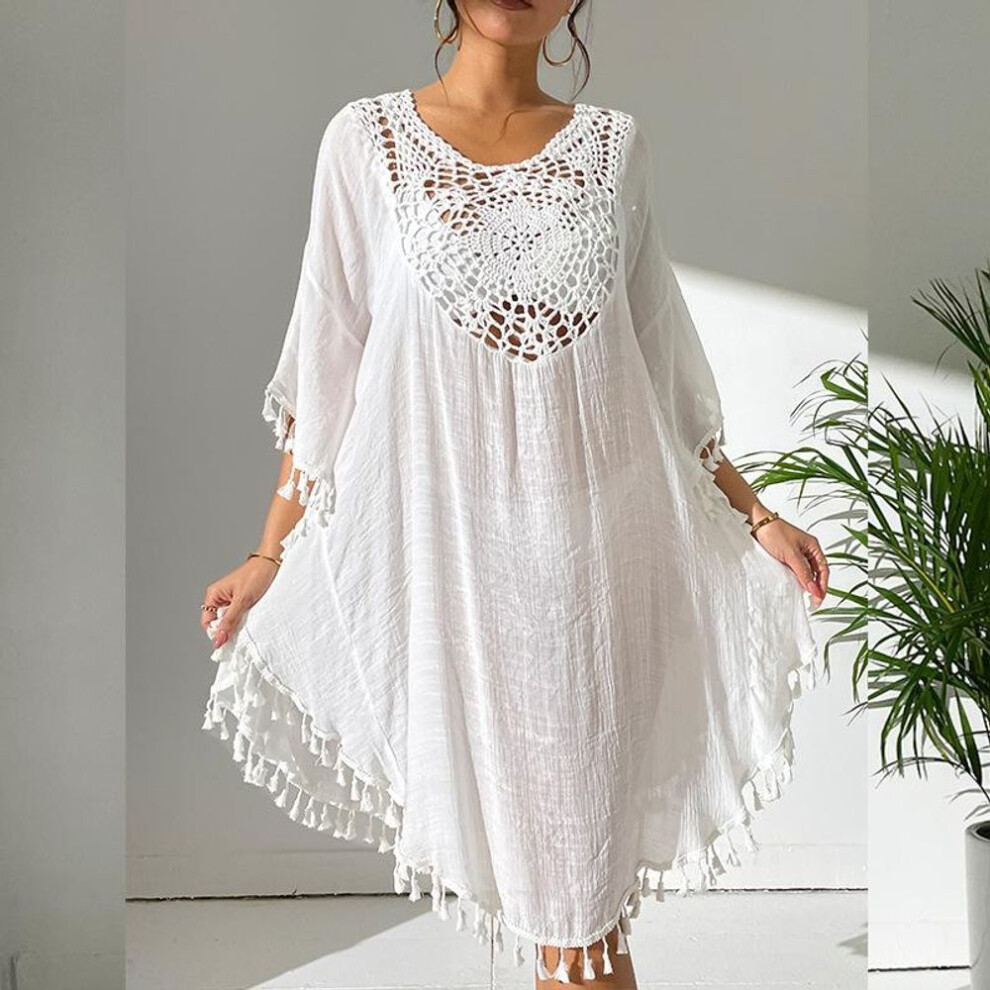 (One Size, white) Women's Dress Beach Dresses Coverup Crochet Patchwork Fringe Swimwear Bikini Outer