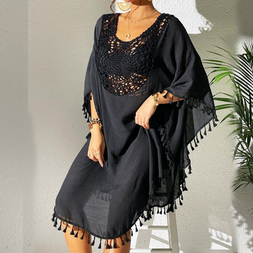 (One Size, black) Women&apos;s Dress Beach Dresses Coverup Crochet Patchwork Fringe Swimwear Bikini Outer