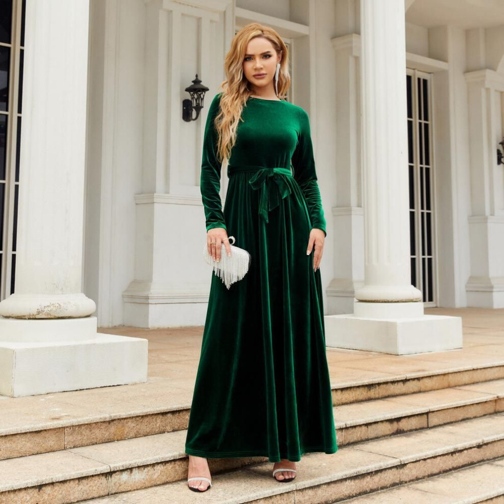 (green, S) Plus Size Autumn And Winter Women&apos;s Dress Elegant Temperament Celebrity Style Long Dress Golden Velvet Pure Color Premium Feeling Dresses