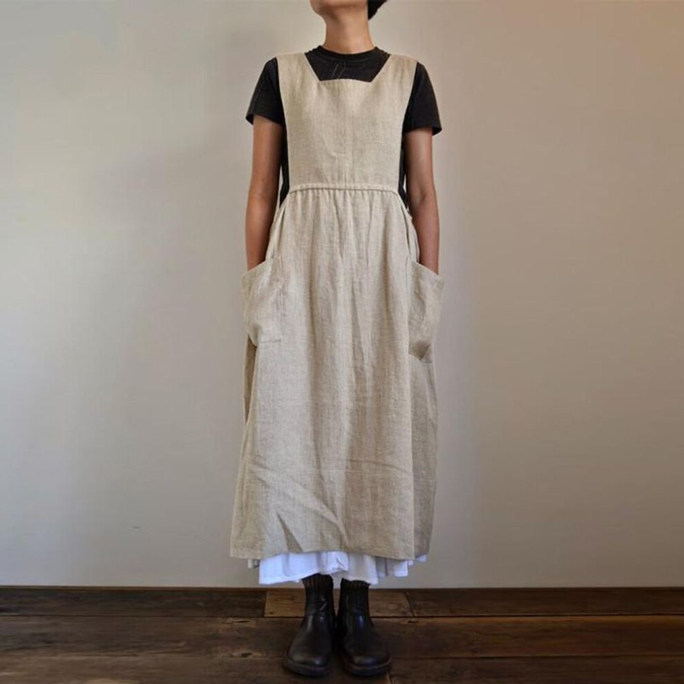 (beige, XL) Women's Cotton Hemp Apron High Waist Long Circumference Home Dress Loose Long Dress