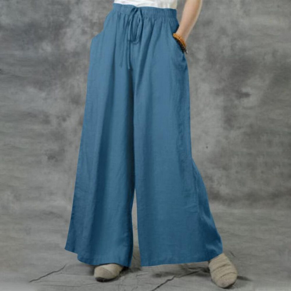 (blue, 3XL) Women&apos;s Large Size Loose Cotton And Linen Casual Pants Female