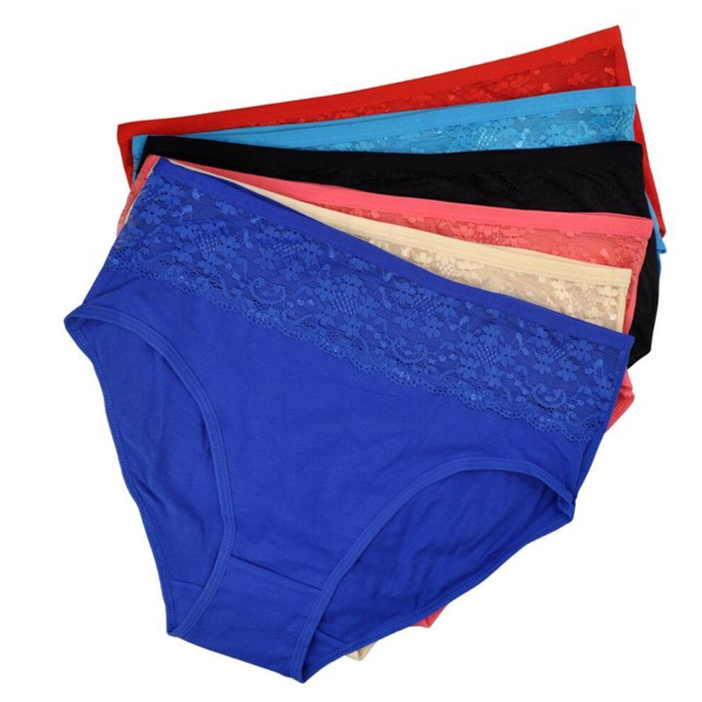 (multicolor, XXXL) 6 Pcs Plus Size Mid Waist Briefs Sexy Lace Panties Cotton Woman Underwear Ladies Knickers Lingerie