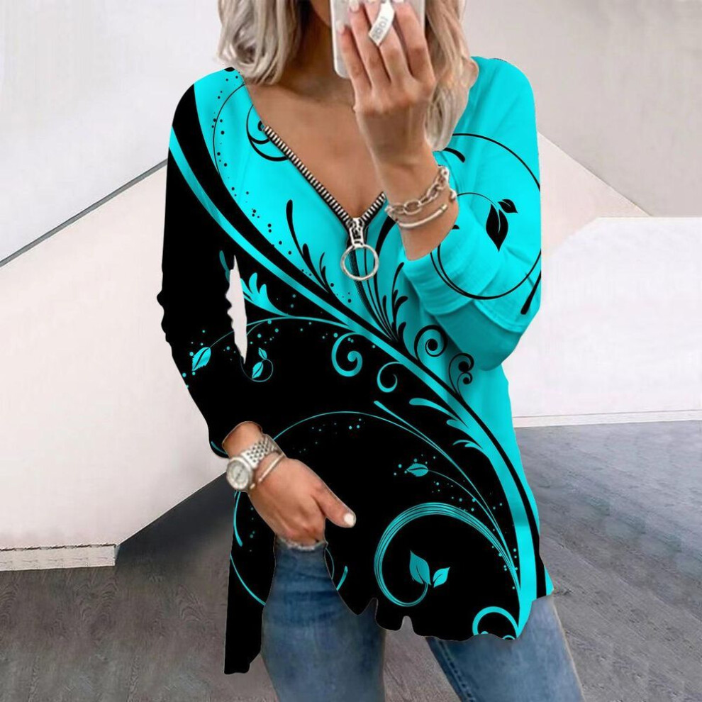 (5XL, blue) Women Autumn Creative Design Printed Long Sleeve T-shirts Loose V-neck Plus Size Tee Shirt Tops Comfy Blouse