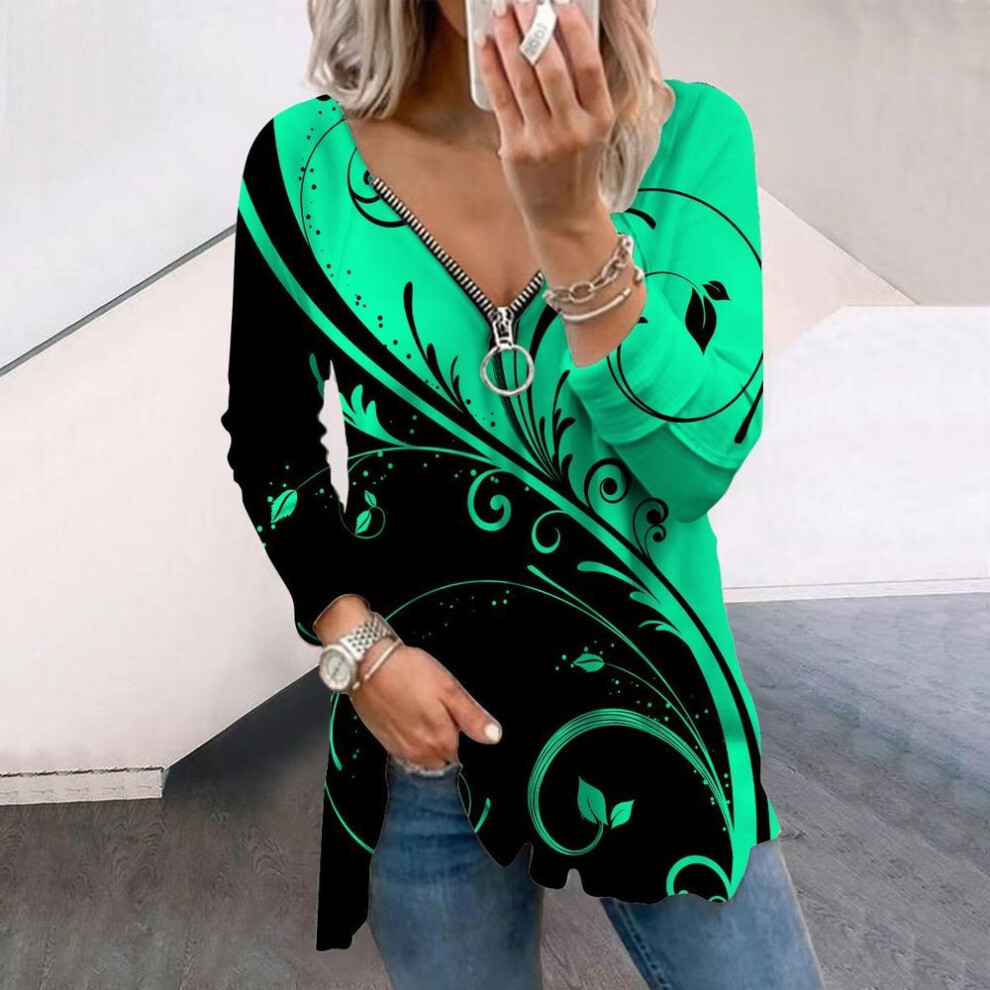 (XL, green) Women Autumn Creative Design Printed Long Sleeve T-Shirts Loose V-Neck Plus Size Tee Shirt Tops Comfy Blouse