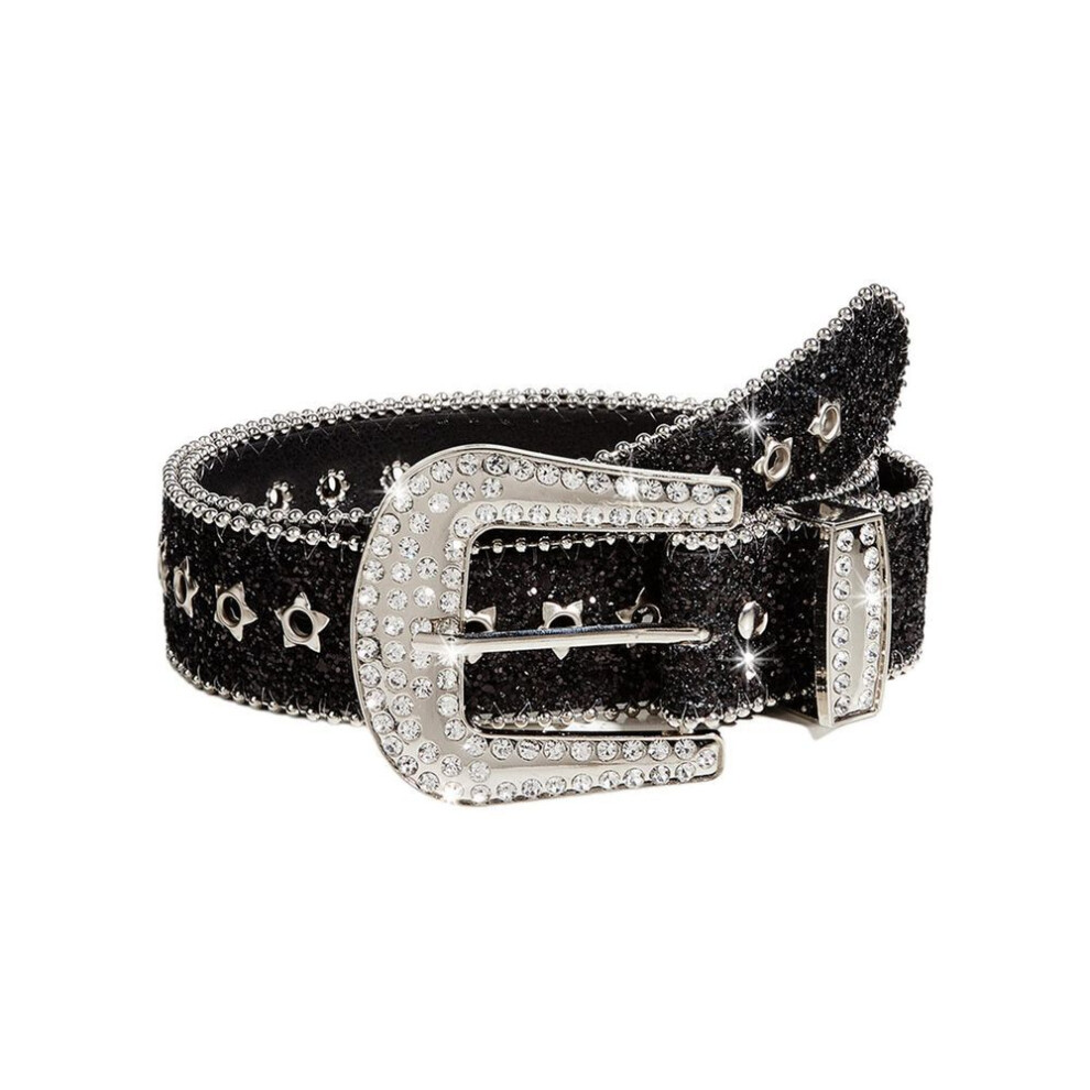 (black) Locomotive Waist Belt Shinning Rhinestone Buckle Belts For Woman Men Luxurious Full Sequins Waist Strap For Jeans Dress