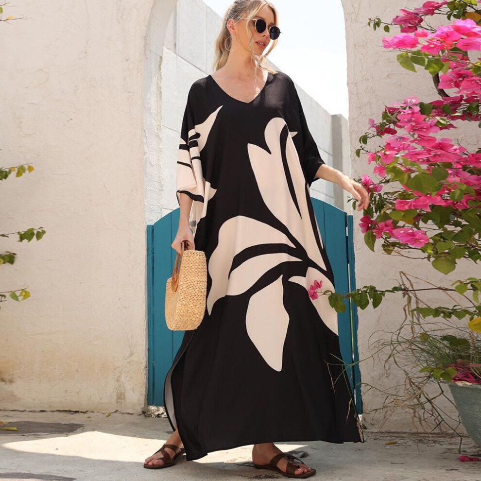(One Size, black) Women&apos;s Plus Size Cover-ups Printed Bat Sleeve Long Gown Loose Plus Size Holiday Beach Dress Bikini Outer Shirt