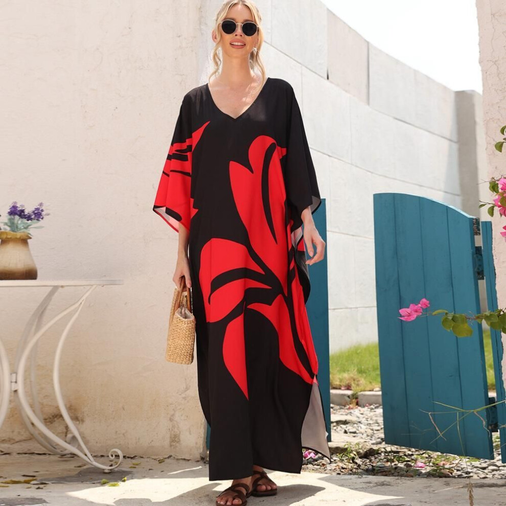 (One Size, red) Women&apos;s Plus Size Cover-ups Printed Bat Sleeve Long Gown Loose Plus Size Holiday Beach Dress Bikini Outer Shirt