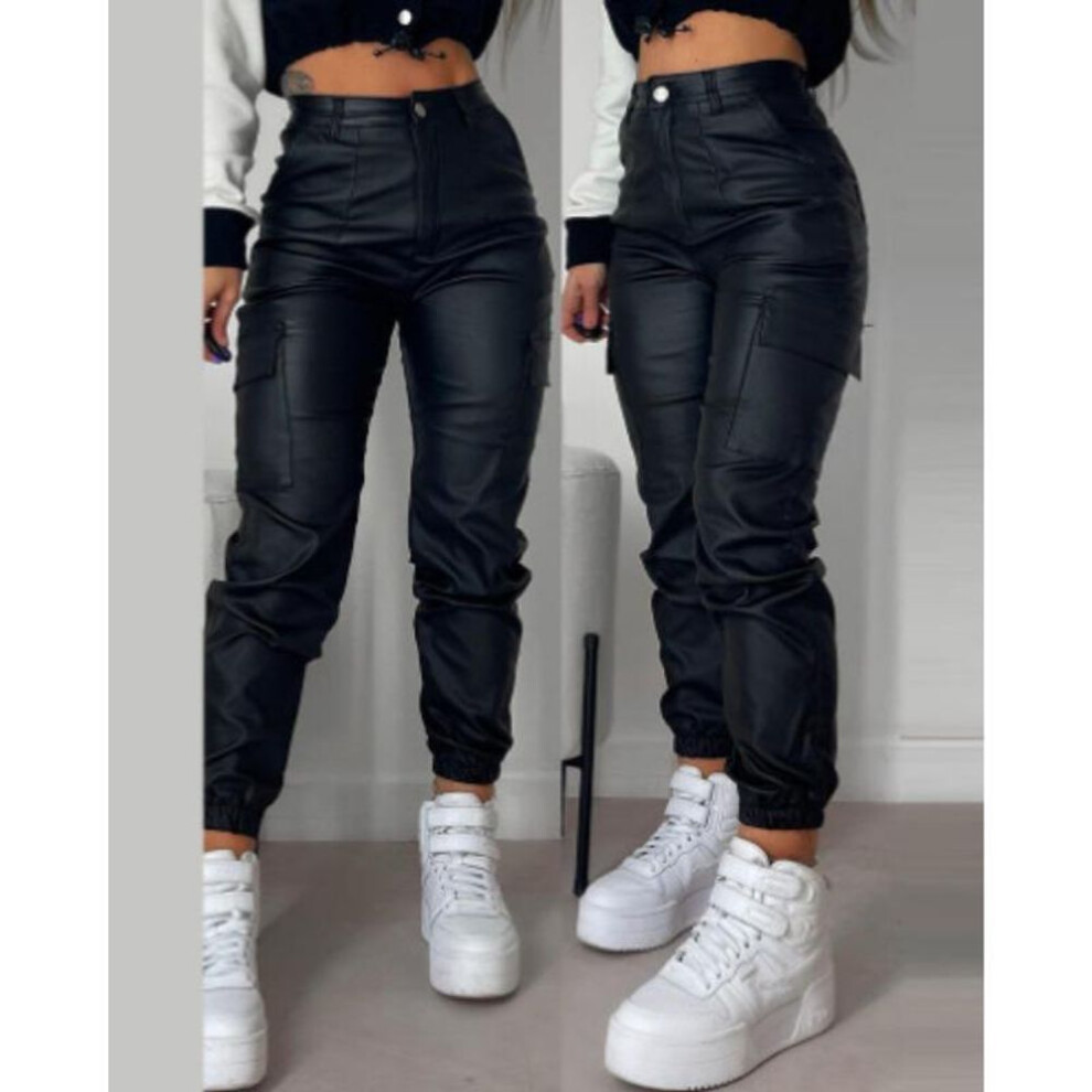 (black, S) Autumn and Summer Women&apos;s Pant Biker Zip Pleated Pockets Fashion PU Casual Patch Pockets Tight Small Leg Trousers