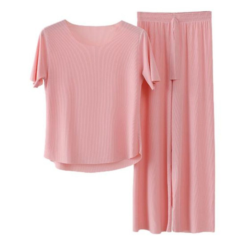 (3XL, pink) 2pcs/set Women Pajamas Seamless Ice Silk Round Neck Short Sleeve Solid Color Elastic Waist Wide Leg Loose Soft Breathable Homewear Top Pants Set