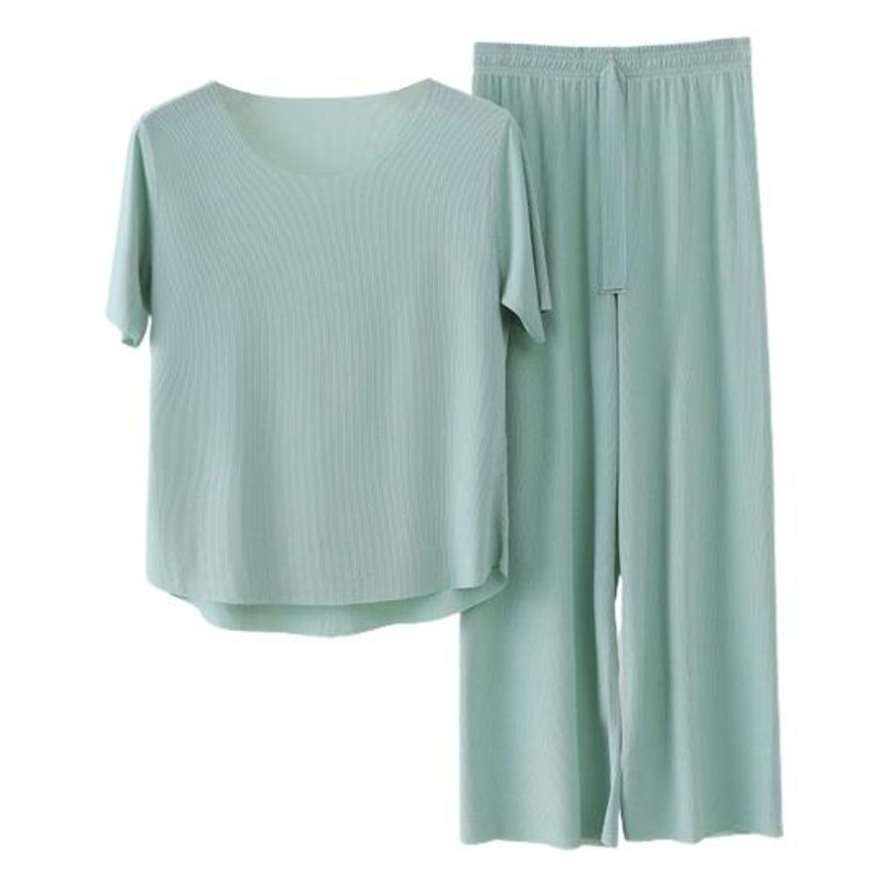 (XL, green) 2pcs/set Women Pajamas Seamless Ice Silk Round Neck Short Sleeve Solid Color Elastic Waist Wide Leg Loose Soft Breathable Homewear Top Pants Set