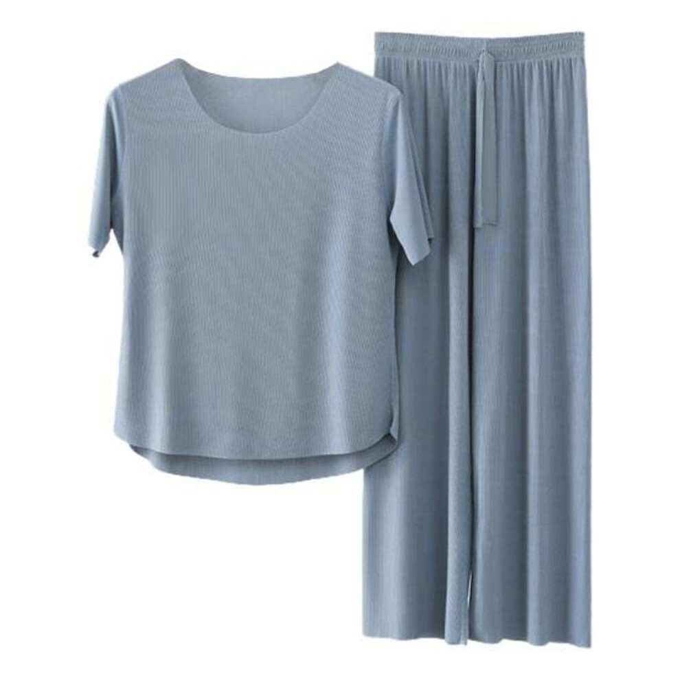 (2XL, blue) 2pcs/set Women Pajamas Seamless Ice Silk Round Neck Short Sleeve Solid Color Elastic Waist Wide Leg Loose Soft Breathable Homewear Top Pants Set