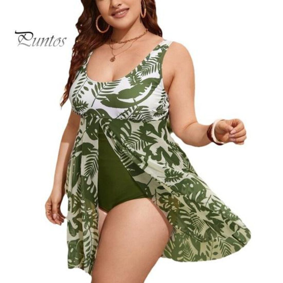 (4XL, green) Plus Size Women Summer Monokini U-neck Sleeveless Plant Print Split Hem One-piece Swimsuit Control Tummy Swimming Suit Quick Drying Beachwear