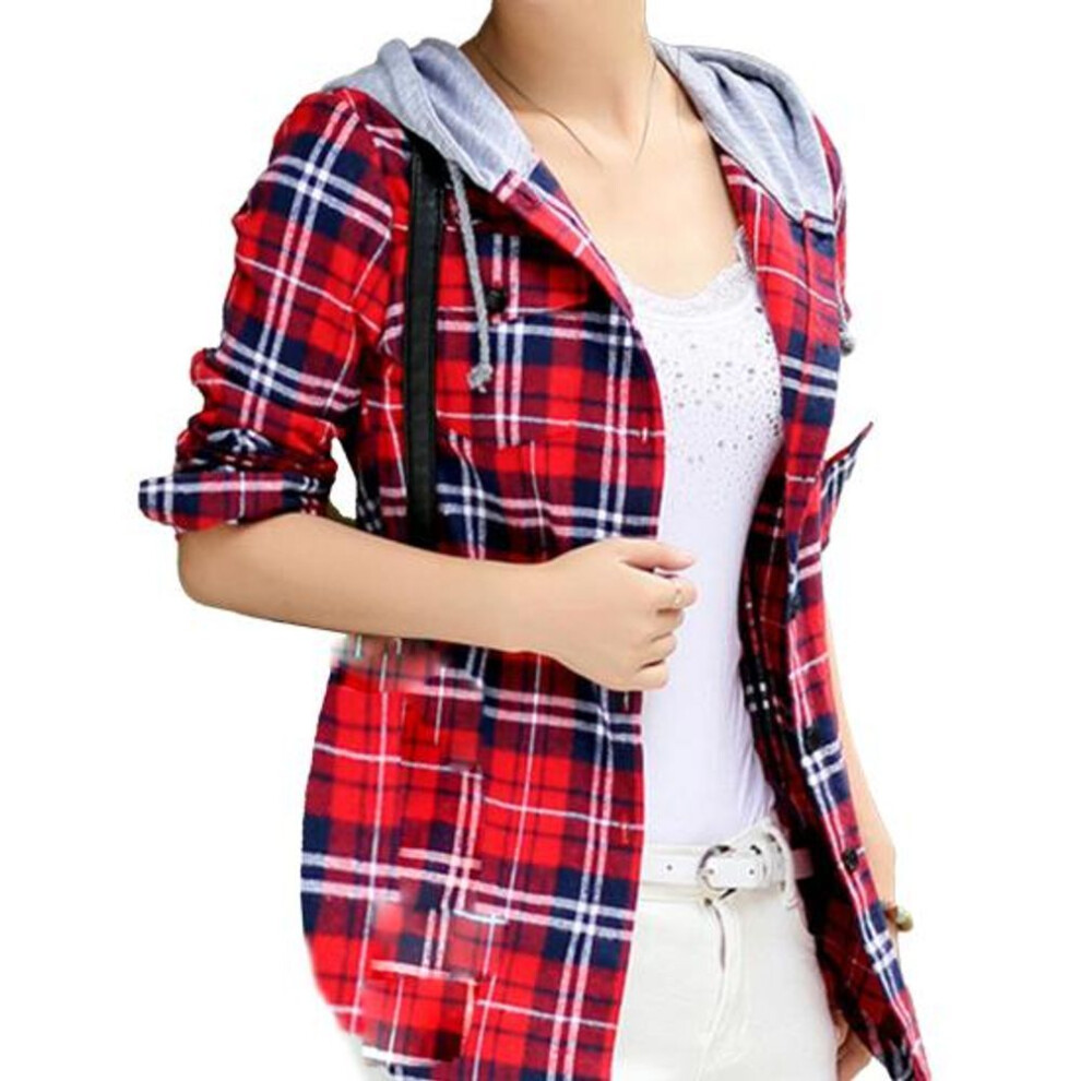 (XL, red) Cotton Loose Long Sleeve Women Fashion Classic Plaid Hood Button-up Shirt Coat