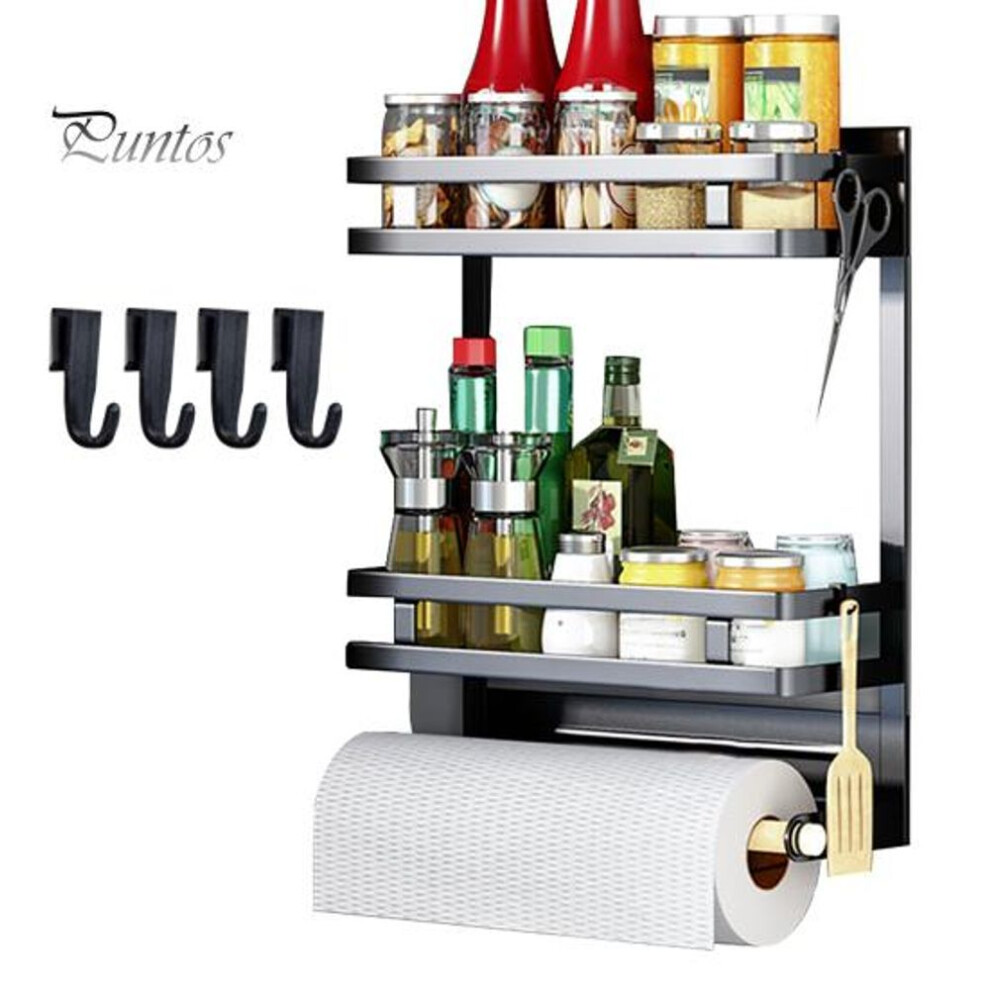(black, L) Magnetic Storage Rack With Paper Towel Holder Strong Load-bearing Easy To Install Kitchen Organizer Spice Shelf Towel Roll Holder