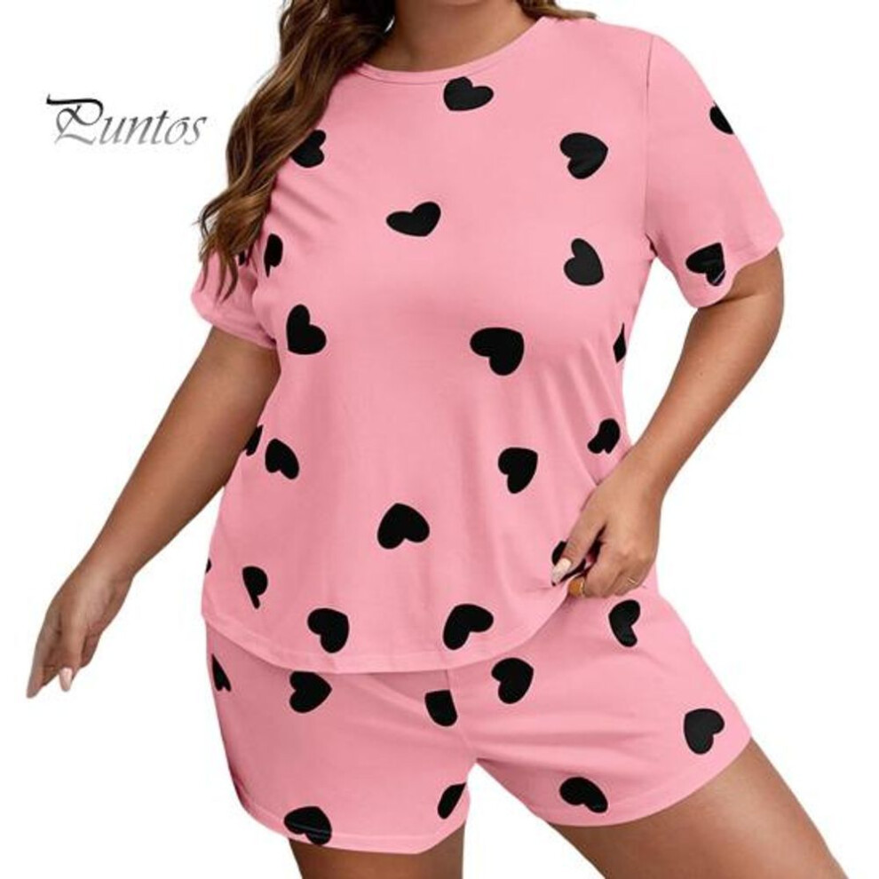 (3XL, pink) 2 Pcs/set Women Summer Pajamas Cartoon Heart Print Round Neck Short Sleeve T-shirt Elastic Waist Shorts Lady Plus Size Loungewear Sleepwear Set
