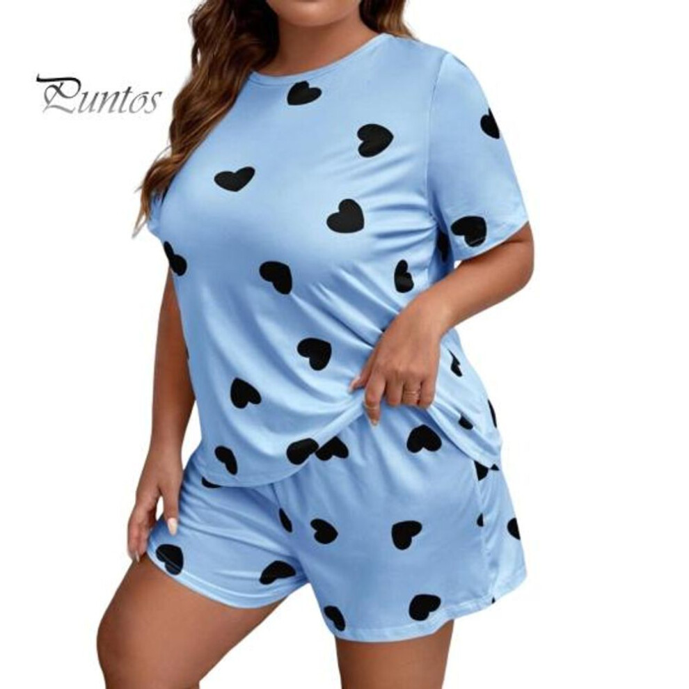 (4XL, blue) 2 Pcs/set Women Summer Pajamas Cartoon Heart Print Round Neck Short Sleeve T-shirt Elastic Waist Shorts Lady Plus Size Loungewear Sleepwear Set