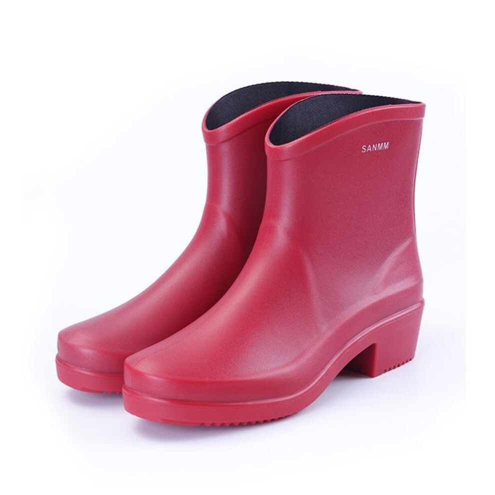 (red, 39) Fashion Short High Heel Rain Shoes Women&apos;s Adult Pvc Rain Boots Waterproof Rubber Shoes Anti-skid Work Martin Boots
