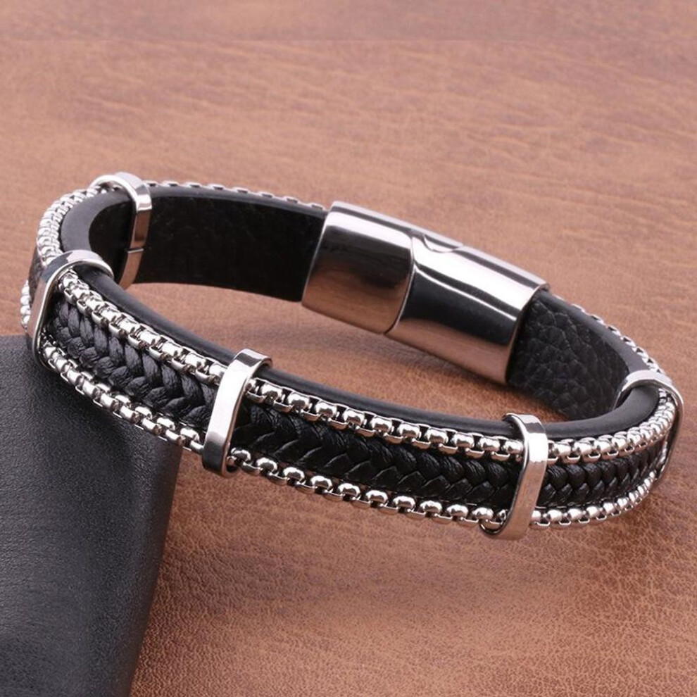 (black, 22cm) Men&apos;s Stainless Steel Bracelet Braided Leather Bracelet Fashion Punk Men&apos;s Bracelets