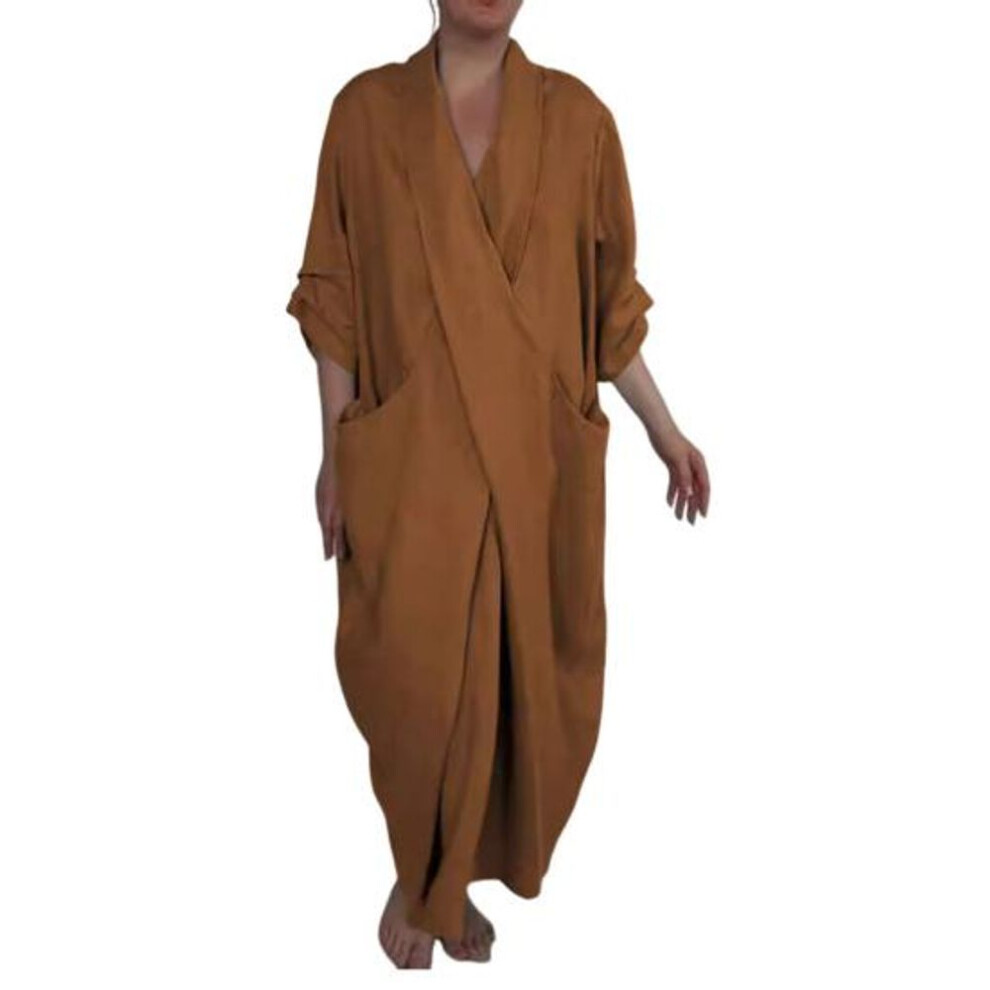 (camel, XXXL) Spring Fall Maxi Dress Robe Baggy Cross V Neck Solid Color Large Pocket Retro A-line Bohemian