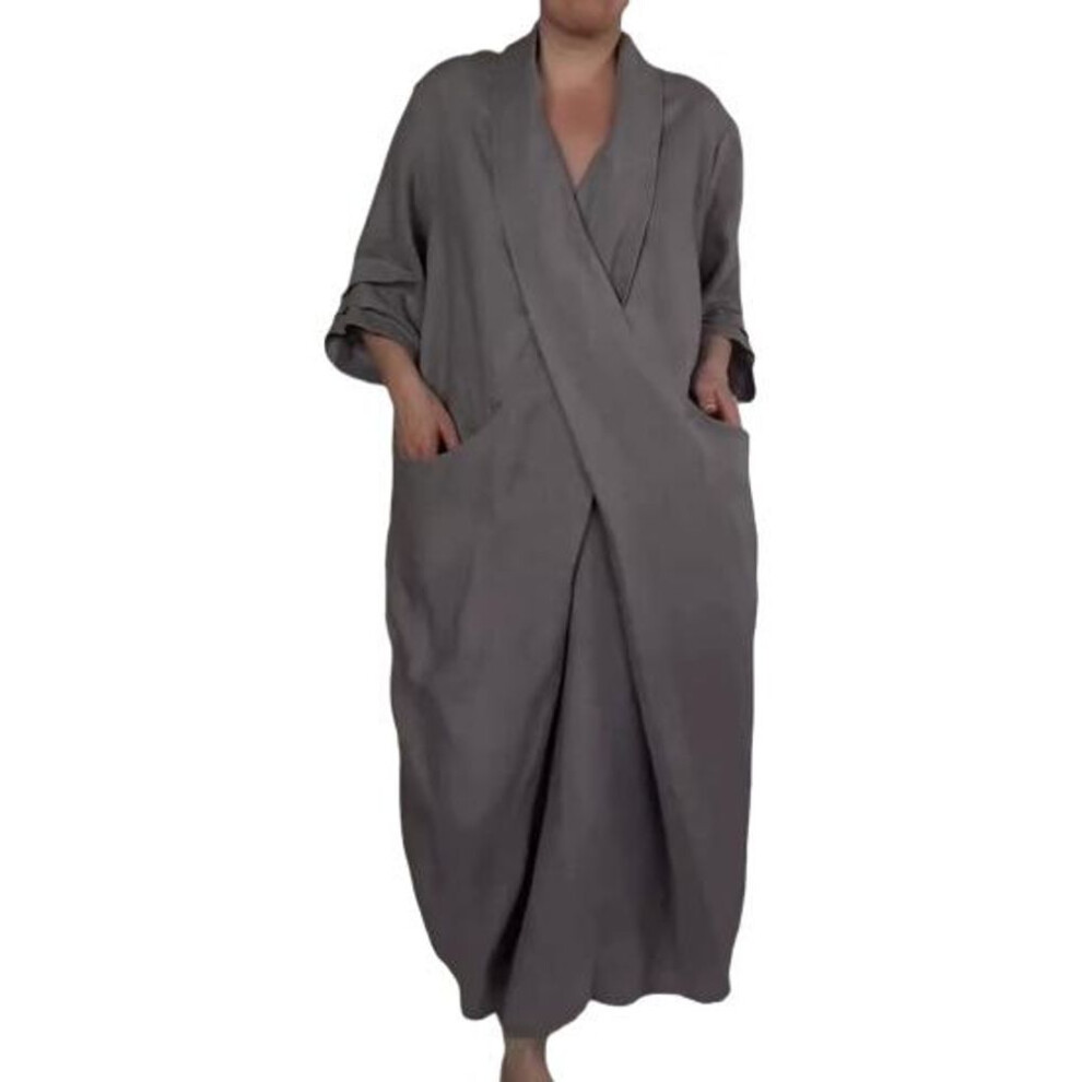 (grey, L) Spring Fall Maxi Dress Robe Baggy Cross V Neck Solid Color Large Pocket Retro A-line Bohemian