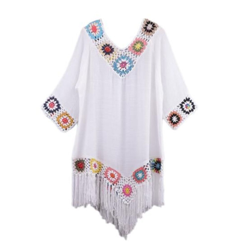 (white) Bikini Cover Up Hollow Out Crochet Patchwork Loose-fitting Sun Protection Swimwear Tunic