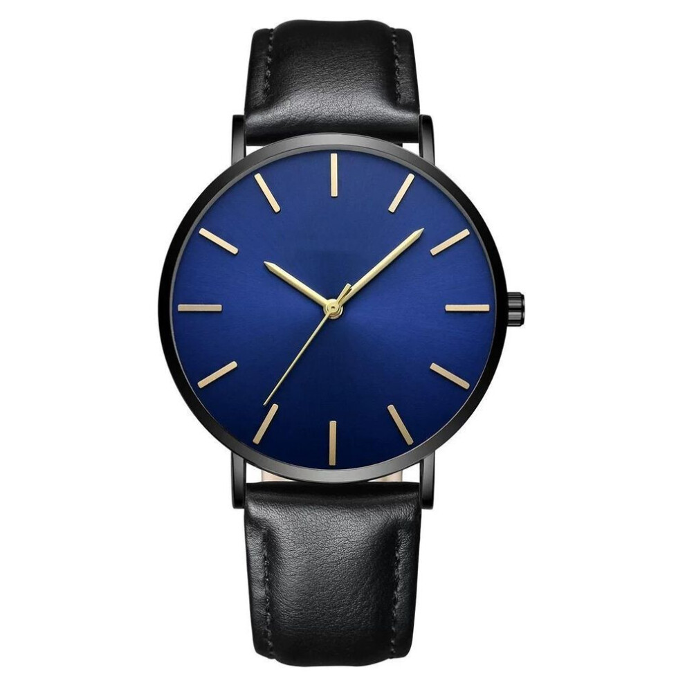 (Black-blue) 6.5mm Ultra Thin Waterproof Mens Watches Luxury Genuine Leather Casual Quartz Business Wrist Watch Gifts