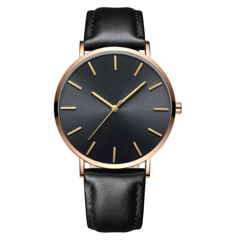 (Black-gold) 6.5mm Ultra Thin Waterproof Mens Watches Luxury Genuine Leather Casual Quartz Business Wrist Watch Gifts