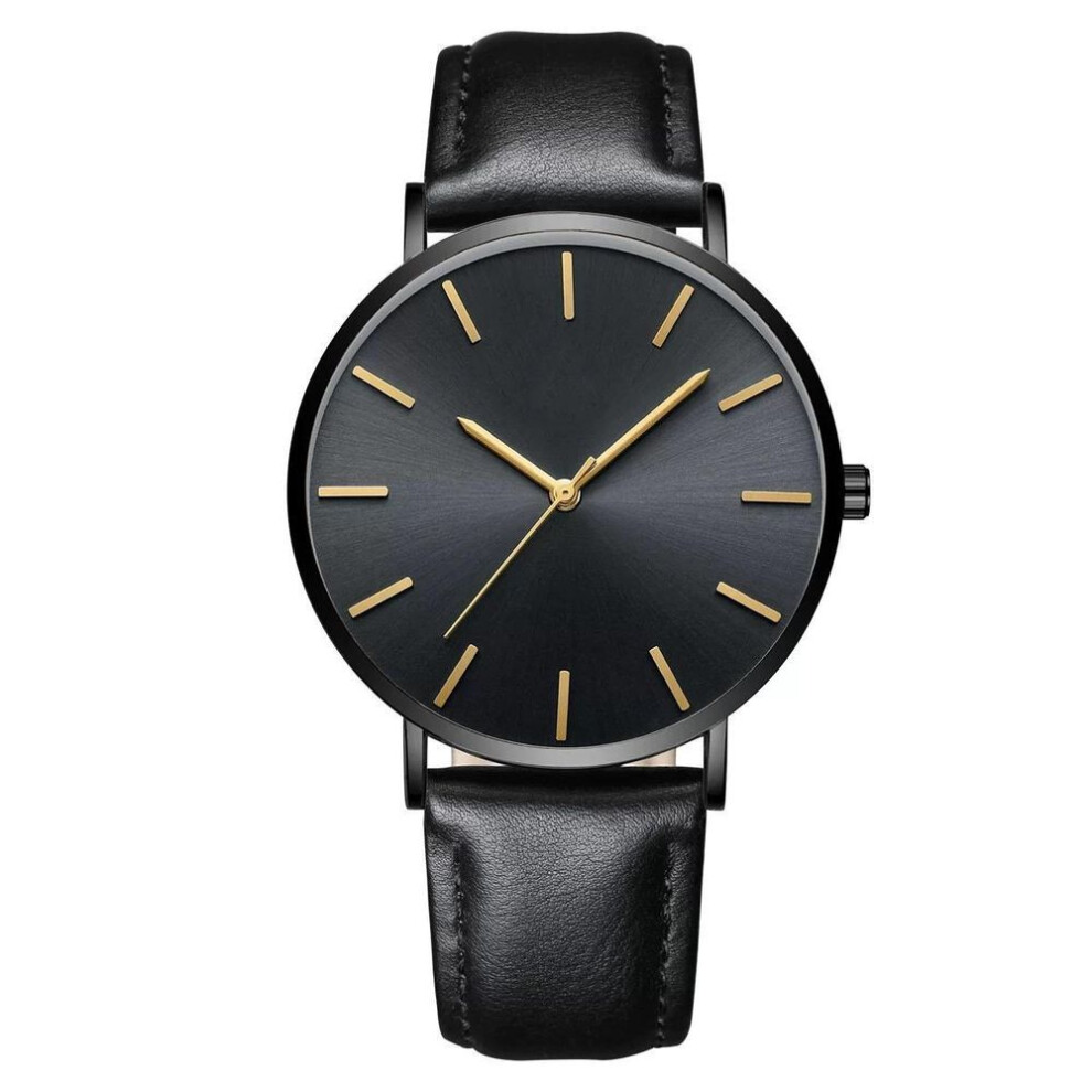 (Black) 6.5mm Ultra Thin Waterproof Mens Watches Luxury Genuine Leather Casual Quartz Business Wrist Watch Gifts