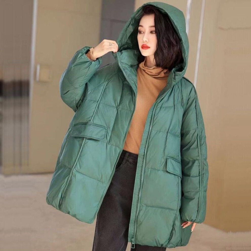 (green, One Size) Women White Duck Down Jacket Hooded Autumn Winter Warm Oversize Puffer Coat Casual Loose Thick Parkas Female Outwear