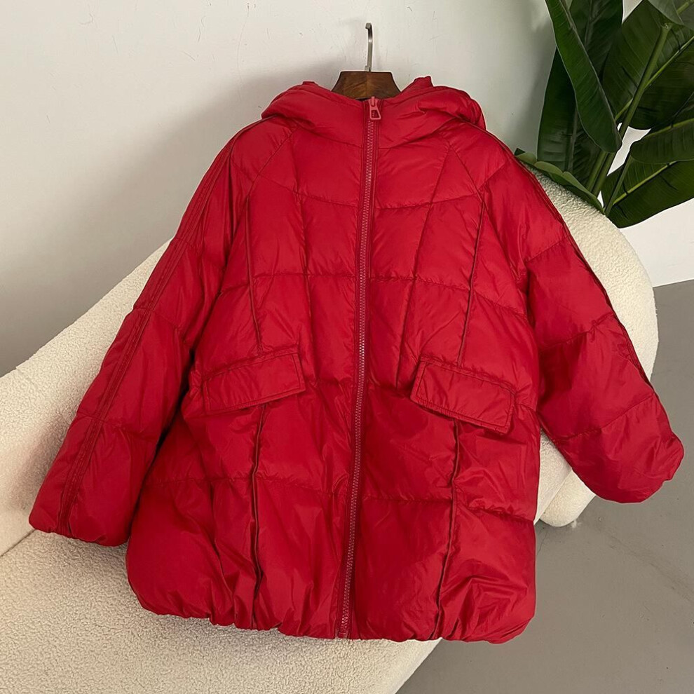 (red, One Size) Women White Duck Down Jacket Hooded Autumn Winter Warm Oversize Puffer Coat Casual Loose Thick Parkas Female Outwear