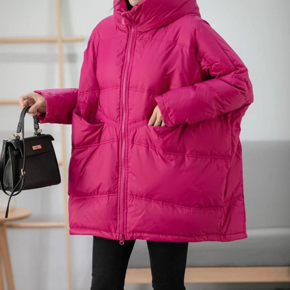 (dark pink, L) Down Jacket Women's Long Hooded Oversized Loose Korean Version Thick White Duck Down Winter Coat