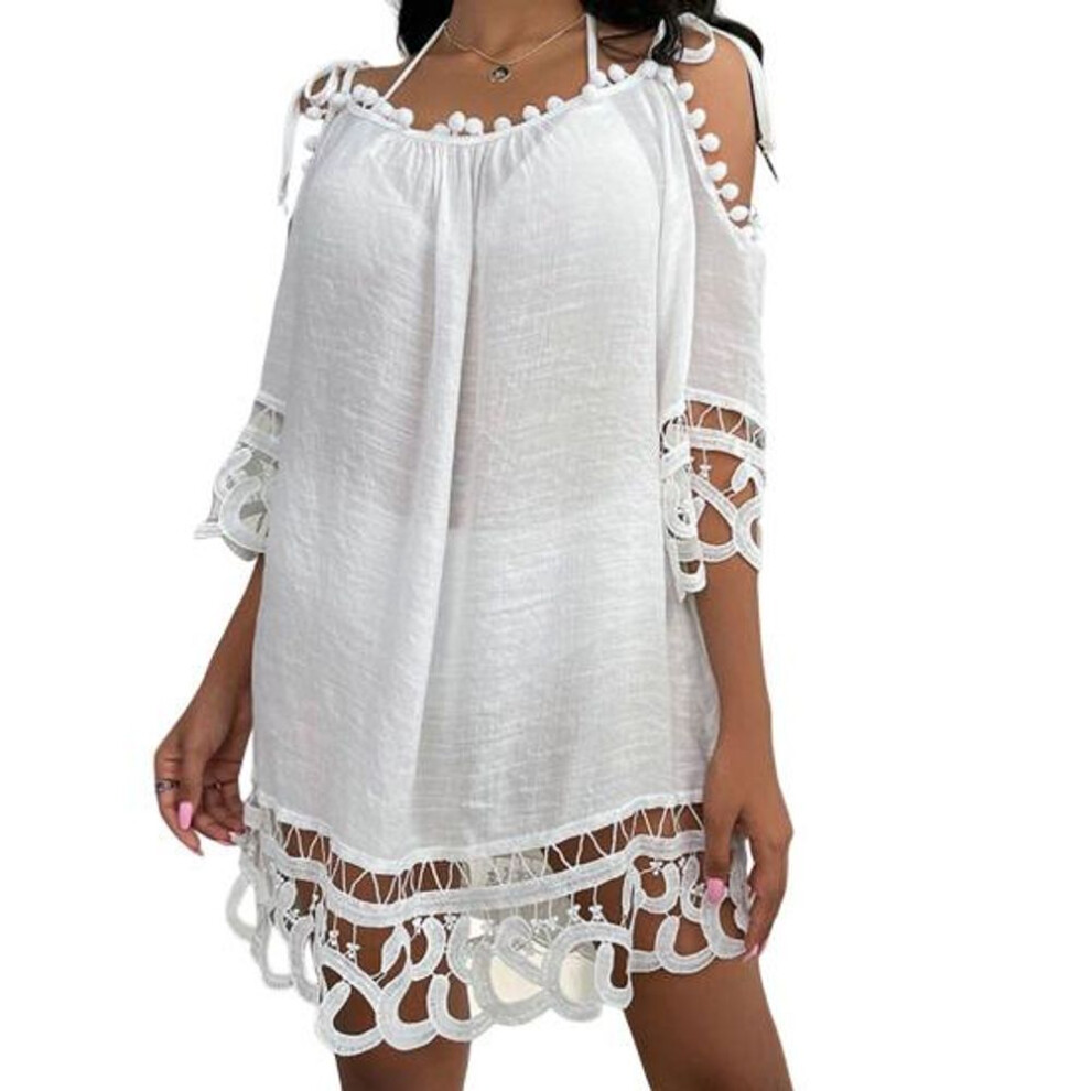 (white, One Size) Beach Mini Dress Backless Sunscreen Above Knee Length Sexy Lace Crochet Summer Vacation Lady Garment