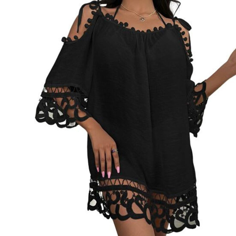 (black, One Size) Beach Mini Dress Backless Sunscreen Above Knee Length Sexy Lace Crochet Summer Vacation Lady Garment