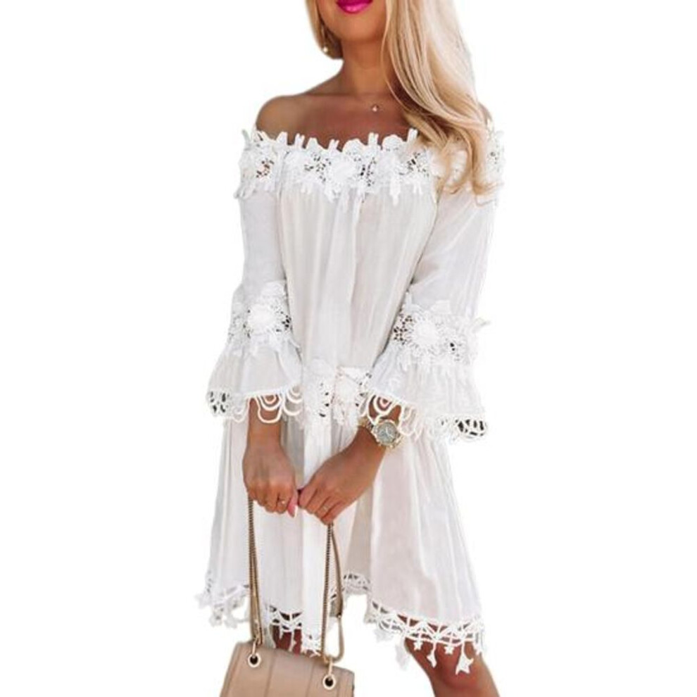 (white, L) Midi Dress Solid Color Keep Cooling Pleated Elegant Summer Holiday Beach Women Clothes