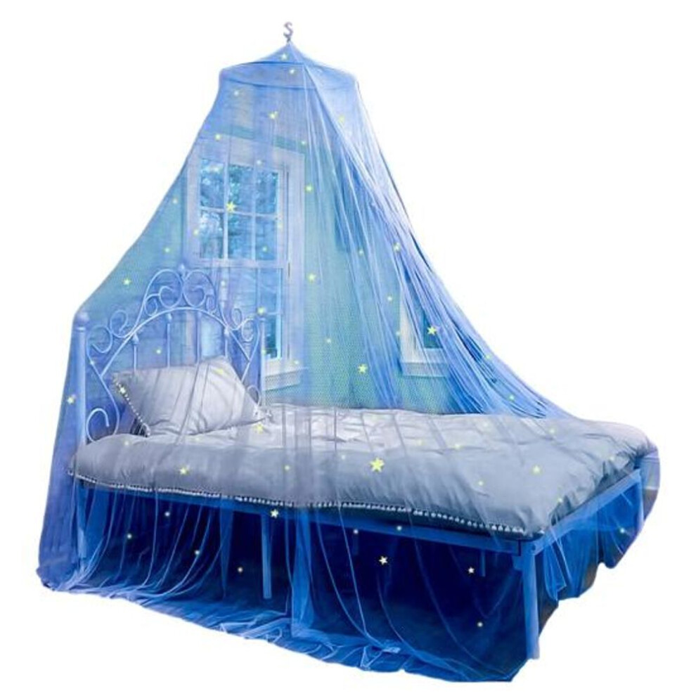 (L, blue) Bed Canopy Easy Installation Fluorescent Stars Design Kid Room Round Top Children Crib Bed Tent Household Supplies