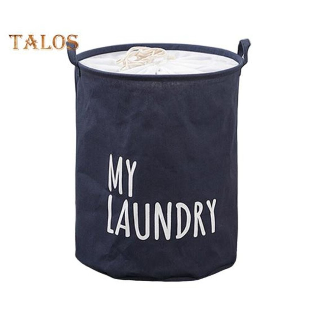 (navy blue, L) Laundry Basket Drawstring Space Saving Round Convenient Dirty Clothes Sundries Toys Hamper Household Supplies