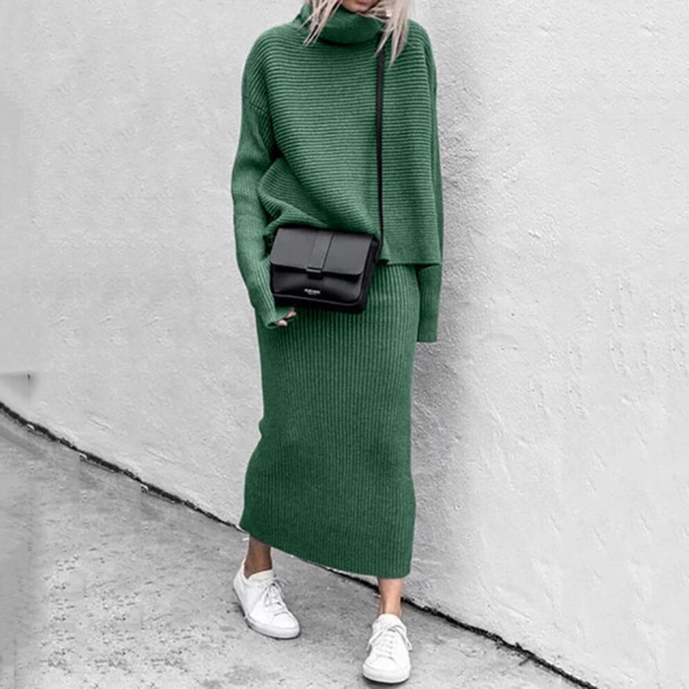 (green, XXL) Women&apos;s Casual Loose Knit Sweater Top Long Skirt Two-piece Set