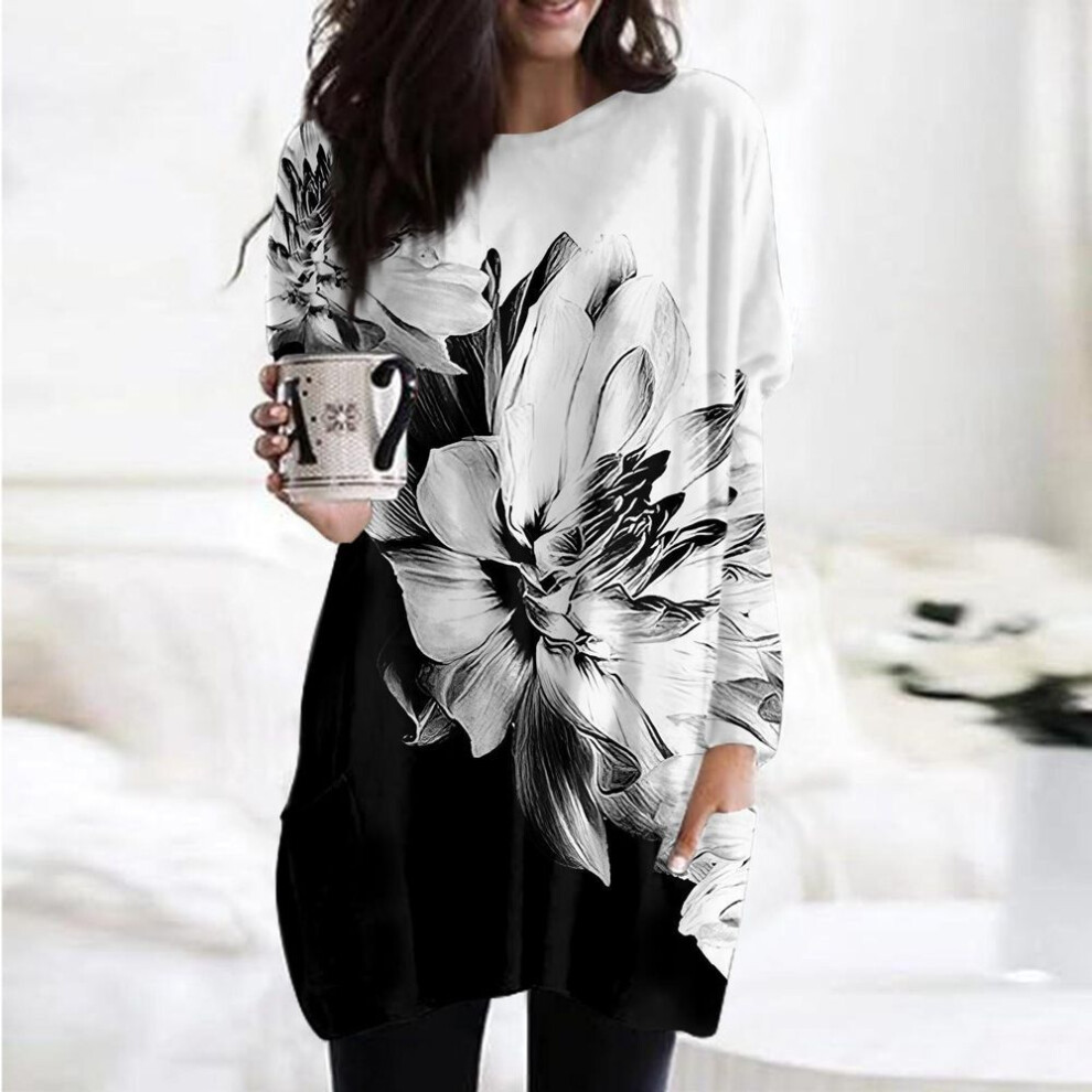 (black, XXXL) Womens Printing O-Neck Sweatshirt Long Sleeve Printed Shirt Dress Oversized Loose Fit Pullover Tops With Pockets