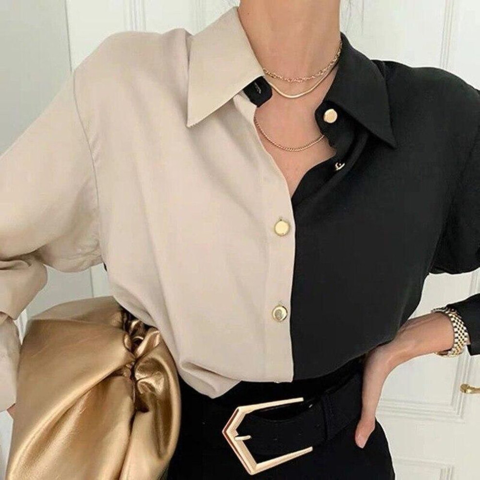 (S, black) HOUZHOU Patchwork Blouses Women Long Sleeve Button Up Shirts Vintage Oversize Tops Korean Casual Chic Office Lady