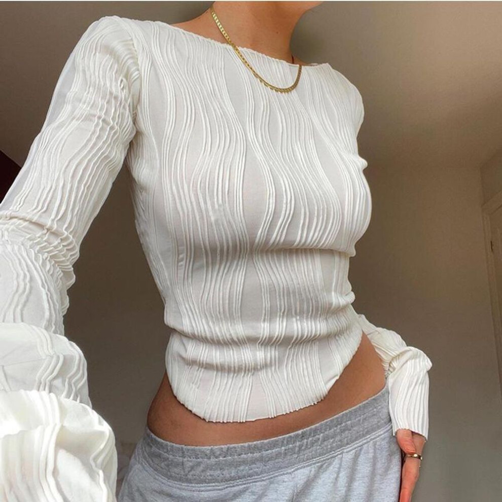 (S, white) Autumn Ruched Long Sleeve T Shirts Women Casual White Skinny Black Basic Tee Fashion Street Cropped Top Y2K Clothes T-shirt
