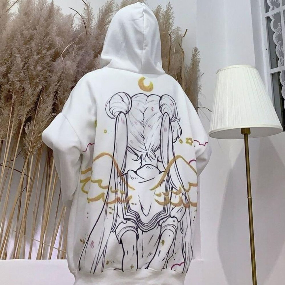 (M, white) Streetwear Kawaii Hoodie for Women Winter Vintage Oversize Sweatshirt Printed Pink Women Velvet Anime Hoodie Women&apos;s Warm Tops